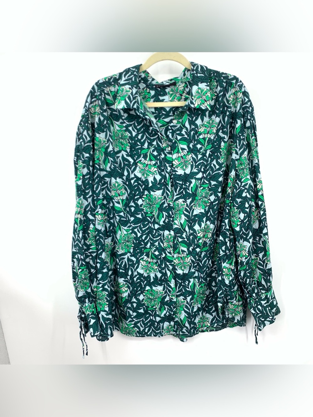 Lane Bryant Women Size 26 28 3X Shirt Green Blue Floral Button Down Top Cotton